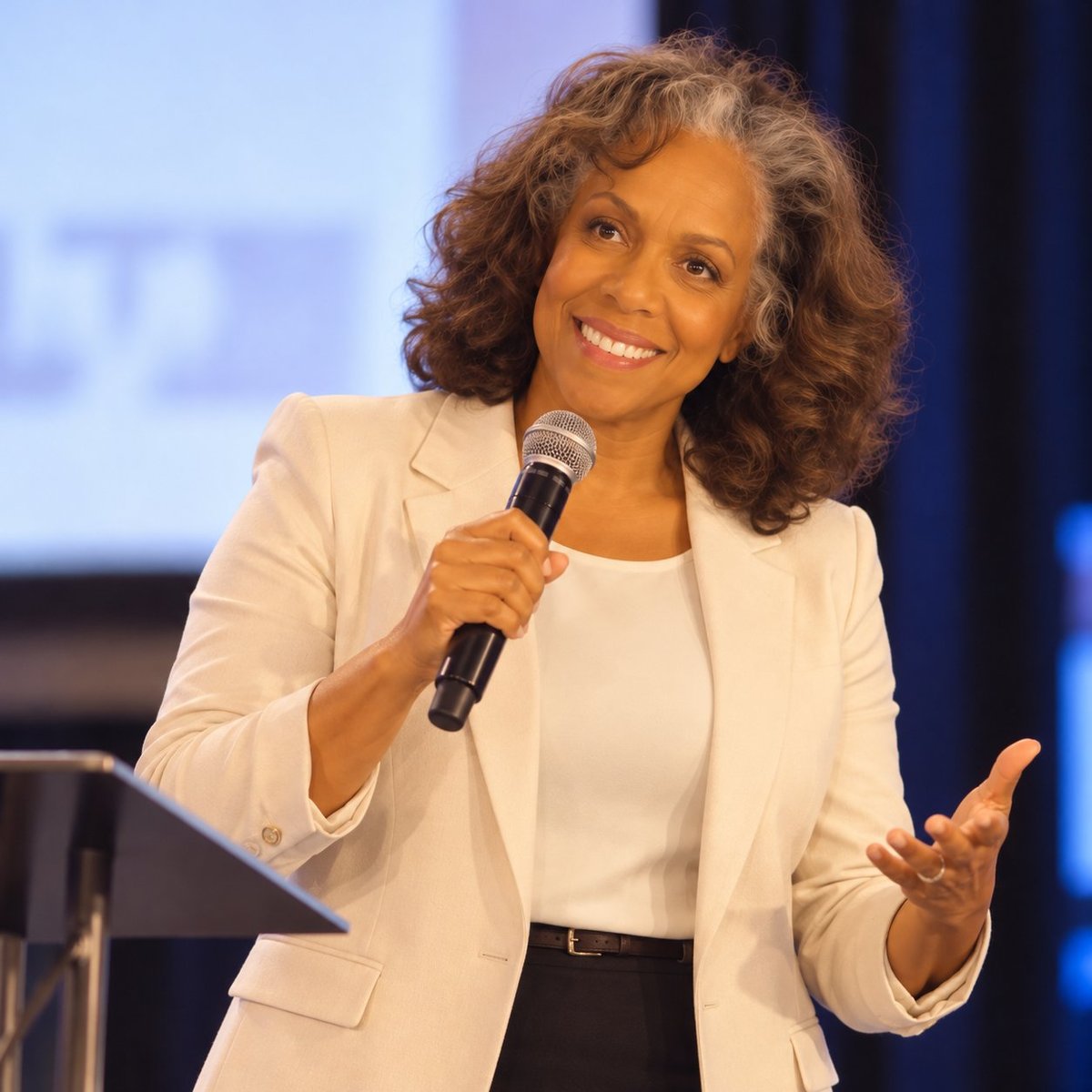 Woman speaking at microphone wearing cream blazer and dark pants, smiling during presentation with blue screen background